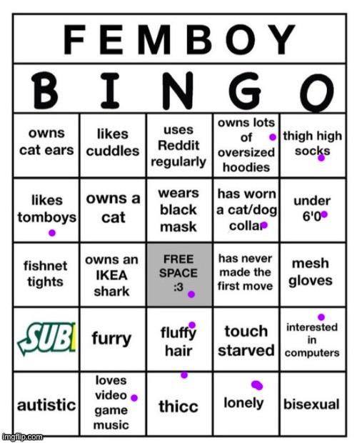 i am extremely thicc. however i am not femboy. | image tagged in femboy bingo,e | made w/ Imgflip meme maker