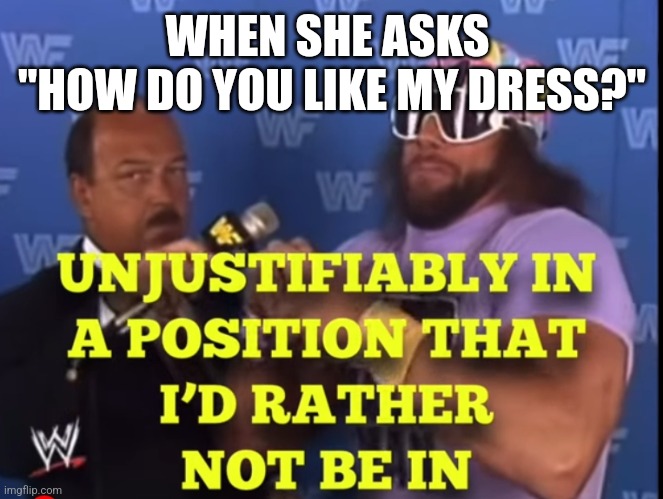Introverts | WHEN SHE ASKS 
"HOW DO YOU LIKE MY DRESS?" | image tagged in unjustifiably | made w/ Imgflip meme maker