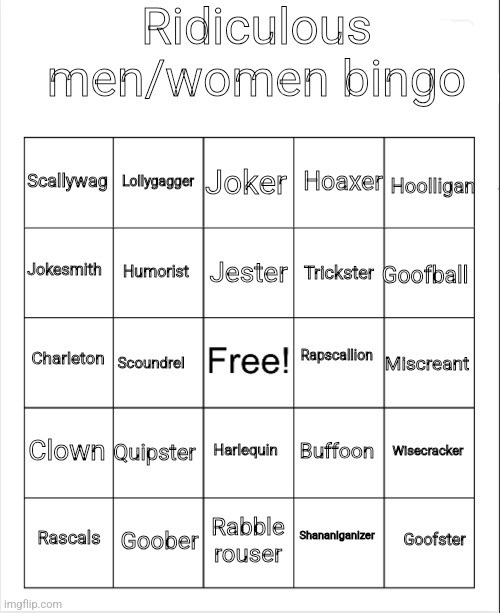 Ridiculous men/women bingo Blank Meme Template