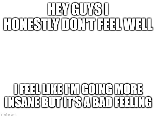 I'm gonna take a few days off- | HEY GUYS I HONESTLY DON'T FEEL WELL; I FEEL LIKE I'M GOING MORE INSANE BUT IT'S A BAD FEELING | image tagged in help me,i dont feel,very,silly,love you guys | made w/ Imgflip meme maker