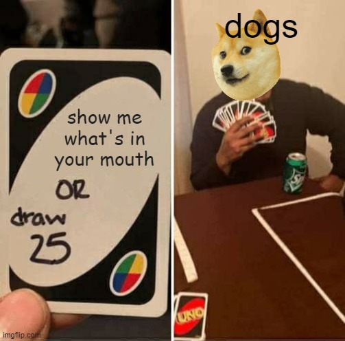 UNO Draw 25 Cards Meme | dogs; show me what's in your mouth | image tagged in memes,uno draw 25 cards | made w/ Imgflip meme maker