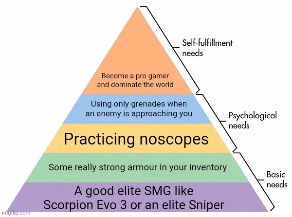 A Warface player's hierarchy of needs | Become a pro gamer and dominate the world; Using only grenades when an enemy is approaching you; Practicing noscopes; Some really strong armour in your inventory; A good elite SMG like Scorpion Evo 3 or an elite Sniper | image tagged in maslow's hierarchy of needs,memes,warface,game,pc | made w/ Imgflip meme maker