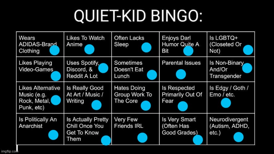 I also quite like pumped up kicks no joke | image tagged in quiet kid bingo | made w/ Imgflip meme maker