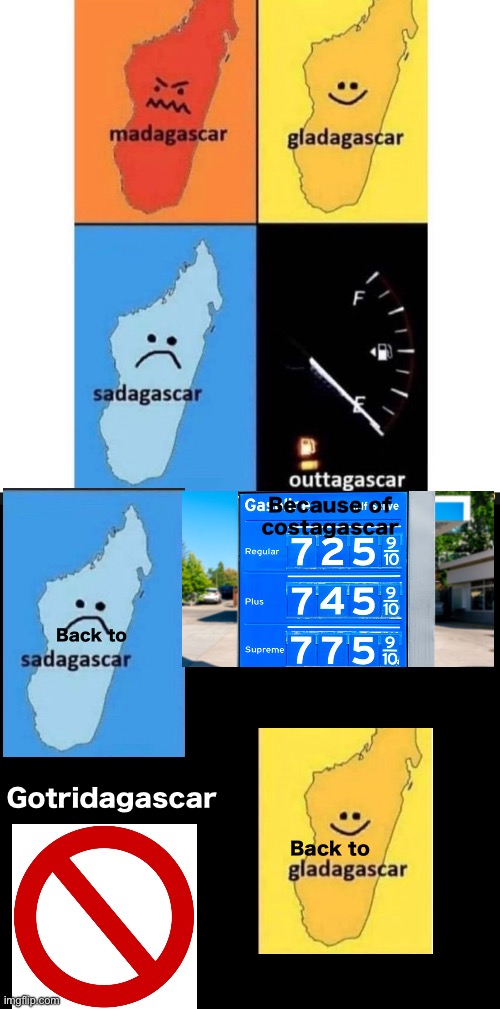 This is the most time I’ve ever spent on one meme so be happy | Because of costagascar; Back to; Gotridagascar; Back to | image tagged in cars,electric,gas prices | made w/ Imgflip meme maker