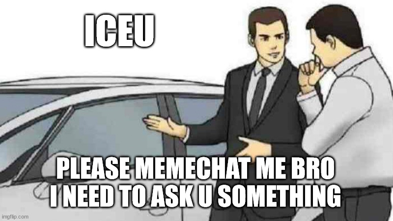 PLEASE ICEU | ICEU; PLEASE MEMECHAT ME BRO I NEED TO ASK U SOMETHING | image tagged in memes,car salesman slaps roof of car | made w/ Imgflip meme maker