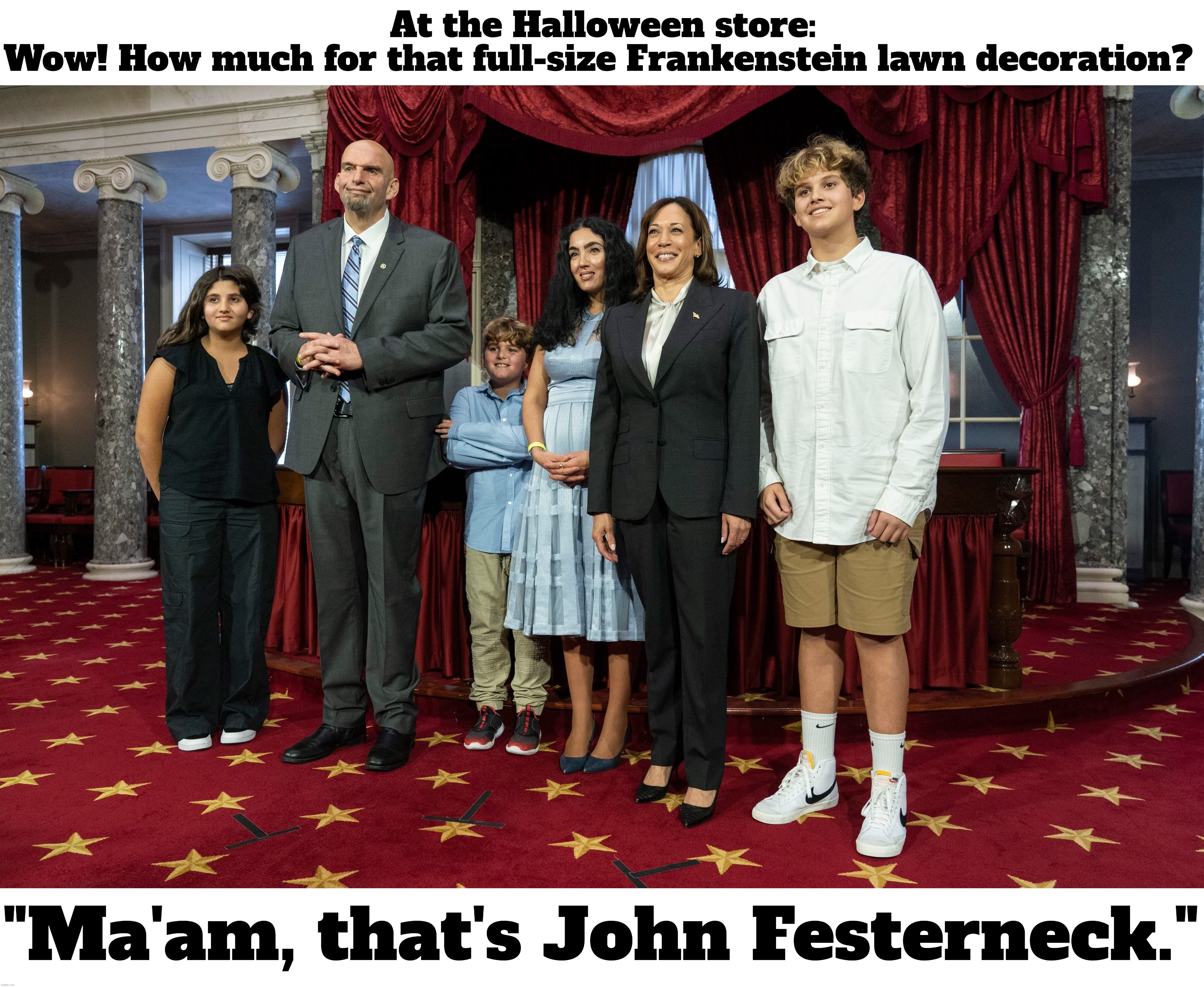 Wow! How much for that full-size Frankenstein lawn decoration? | image tagged in john fetterman,festerneck,uncle fester,lurch,addams family,gmo fruits vegetables | made w/ Imgflip meme maker