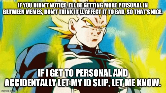 Don’t worry. | IF YOU DIDN’T NOTICE, I’LL BE GETTING MORE PERSONAL IN BETWEEN MEMES, DON’T THINK IT’LL AFFECT IT TO BAD, SO THAT’S NICE. IF I GET TO PERSONAL AND ACCIDENTALLY LET MY ID SLIP, LET ME KNOW. | image tagged in mad vegeta,animeish,me being honest,be talking about the future | made w/ Imgflip meme maker