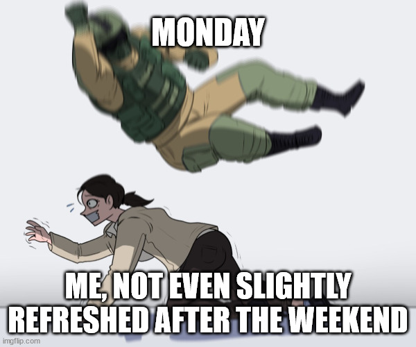 Tired ftw | MONDAY; ME, NOT EVEN SLIGHTLY REFRESHED AFTER THE WEEKEND | image tagged in rainbow six - fuze the hostage | made w/ Imgflip meme maker