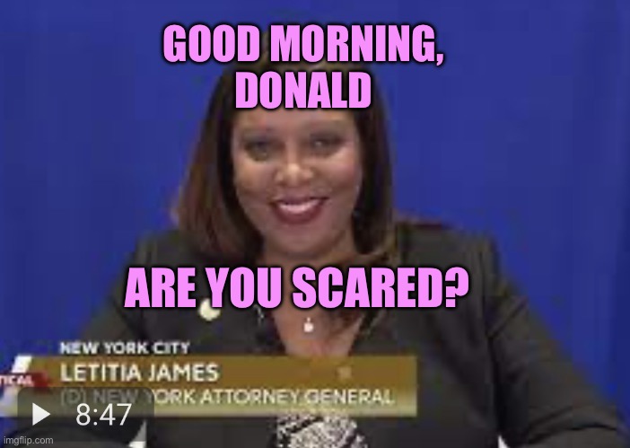 Good morning scared Donald from Letitia james | GOOD MORNING, 
DONALD; ARE YOU SCARED? | image tagged in letitia james pretty | made w/ Imgflip meme maker