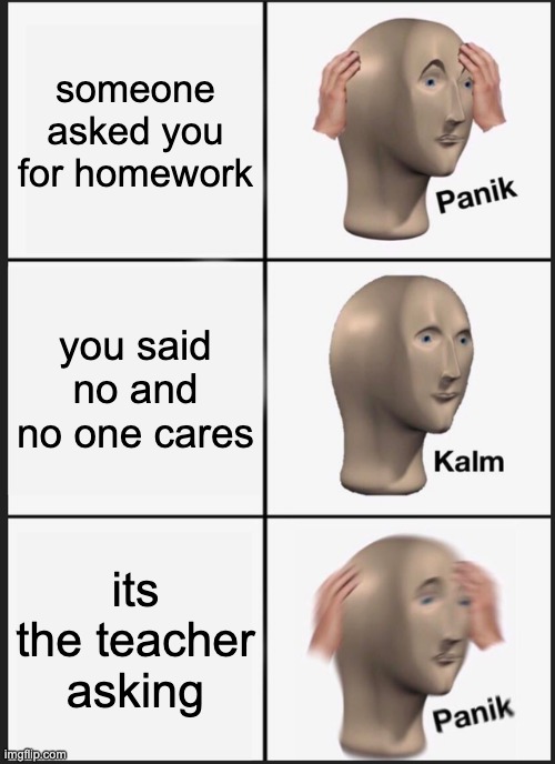 homework | someone asked you for homework; you said no and no one cares; its the teacher asking | image tagged in memes,panik kalm panik | made w/ Imgflip meme maker