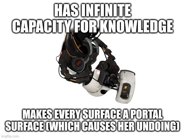 HAS INFINITE CAPACITY FOR KNOWLEDGE; MAKES EVERY SURFACE A PORTAL SURFACE (WHICH CAUSES HER UNDOING) | image tagged in portal | made w/ Imgflip meme maker