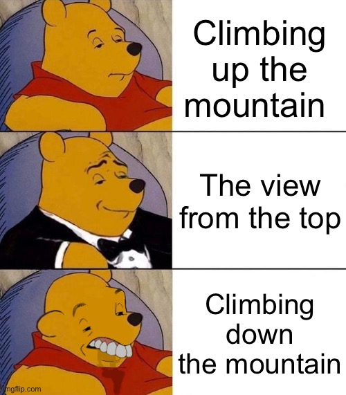 worst part of climbing the mountain | Climbing up the mountain; The view from the top; Climbing down the mountain | image tagged in best better blurst | made w/ Imgflip meme maker
