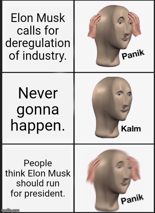 Regulations exist to protect us from exploding Teslas. | Elon Musk calls for deregulation of industry. Never gonna happen. People think Elon Musk should run for president. | image tagged in memes,panik kalm panik | made w/ Imgflip meme maker