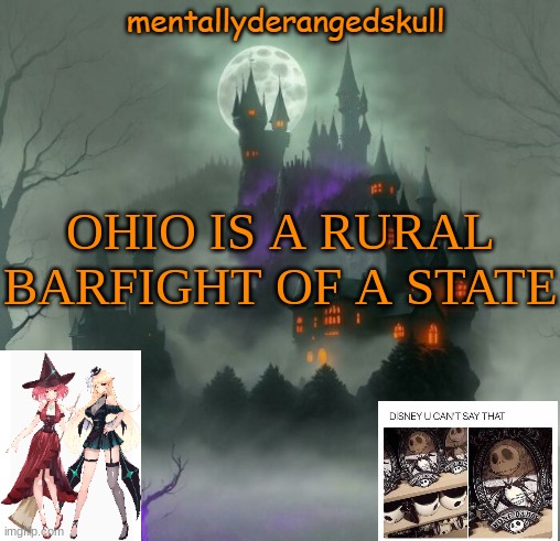 OHIO IS A RURAL BARFIGHT OF A STATE | image tagged in mentallyderangedskull | made w/ Imgflip meme maker