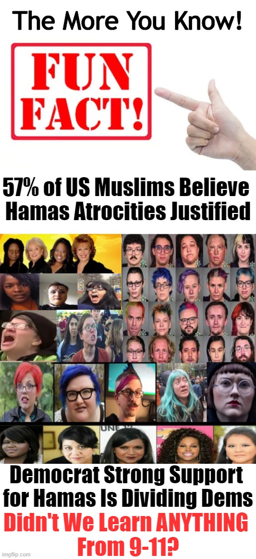 Have You Forgotten? | The More You Know! 57% of US Muslims Believe 
Hamas Atrocities Justified; Democrat Strong Support 
for Hamas Is Dividing Dems; Didn't We Learn ANYTHING 
From 9-11? | image tagged in politics,democrats,hamas,support,question,terrorism | made w/ Imgflip meme maker