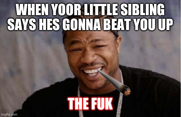 Yo Dawg Heard You | WHEN YOOR LITTLE SIBLING SAYS HES GONNA BEAT YOU UP; THE FUK | image tagged in memes,yo dawg heard you | made w/ Imgflip meme maker
