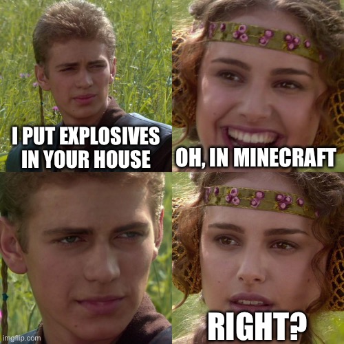 Right | I PUT EXPLOSIVES IN YOUR HOUSE; OH, IN MINECRAFT; RIGHT? | image tagged in anakin padme 4 panel | made w/ Imgflip meme maker