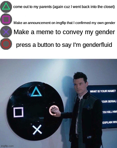 Ya I confirmed that I'm genderfluid. yay? (Shadow note:  welcome to the club)  | come out to my parents (again cuz I went back into the closet); Make an announcement on imgflip that I confirmed my own gender; Make a meme to convey my gender; press a button to say I'm genderfluid | image tagged in 4 buttons | made w/ Imgflip meme maker