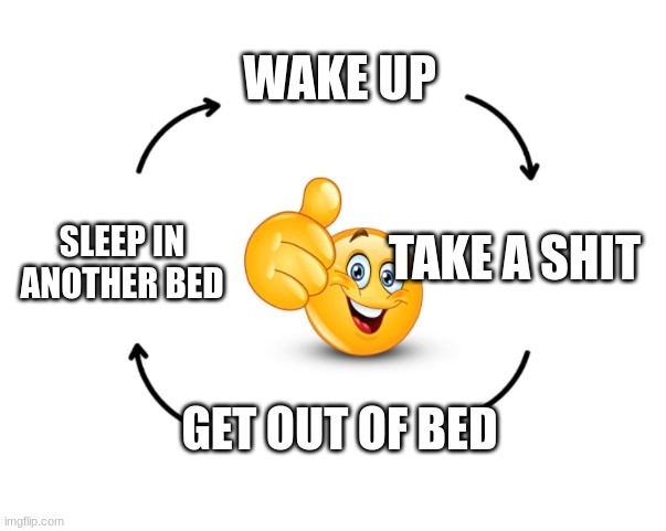 The cycle never ends :sad: | WAKE UP; TAKE A SHIT; SLEEP IN ANOTHER BED; GET OUT OF BED | image tagged in emoji cycle hd | made w/ Imgflip meme maker