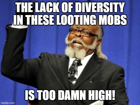Too Damn High | THE LACK OF DIVERSITY IN THESE LOOTING MOBS; IS TOO DAMN HIGH! | image tagged in memes,too damn high | made w/ Imgflip meme maker