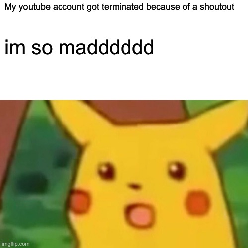 Surprised Pikachu | My youtube account got terminated because of a shoutout; im so madddddd | image tagged in memes,surprised pikachu | made w/ Imgflip meme maker