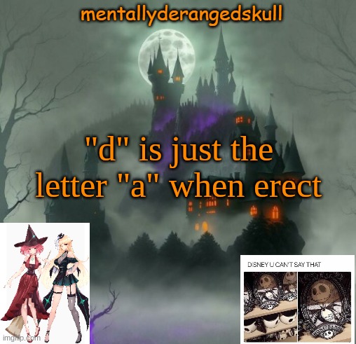 "d" is just the letter "a" when erect | image tagged in mentallyderangedskull | made w/ Imgflip meme maker