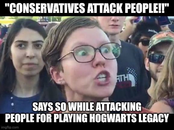 Angry sjw | "CONSERVATIVES ATTACK PEOPLE!!" SAYS SO WHILE ATTACKING PEOPLE FOR PLAYING HOGWARTS LEGACY | image tagged in angry sjw | made w/ Imgflip meme maker
