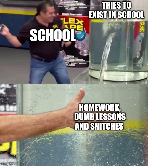School Is useless | TRIES TO EXIST IN SCHOOL; SCHOOL; HOMEWORK, DUMB LESSONS AND SNITCHES | image tagged in flex tape | made w/ Imgflip meme maker