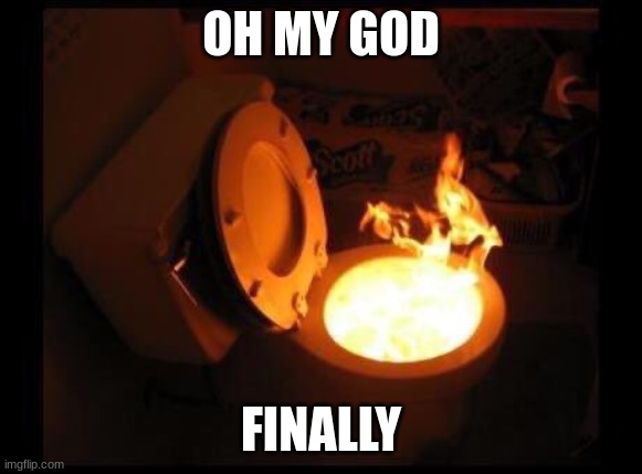 Toilet on fire | OH MY GOD FINALLY | image tagged in toilet on fire | made w/ Imgflip meme maker