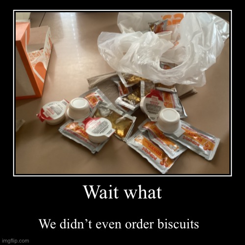 Wait what | We didn’t even order biscuits | image tagged in funny,demotivationals | made w/ Imgflip demotivational maker