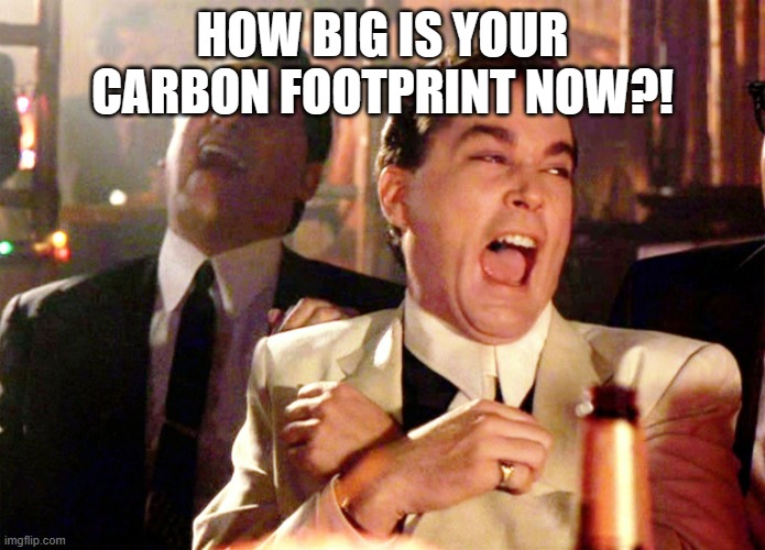 Good Fellas Hilarious Meme | HOW BIG IS YOUR CARBON FOOTPRINT NOW?! | image tagged in memes,good fellas hilarious | made w/ Imgflip meme maker