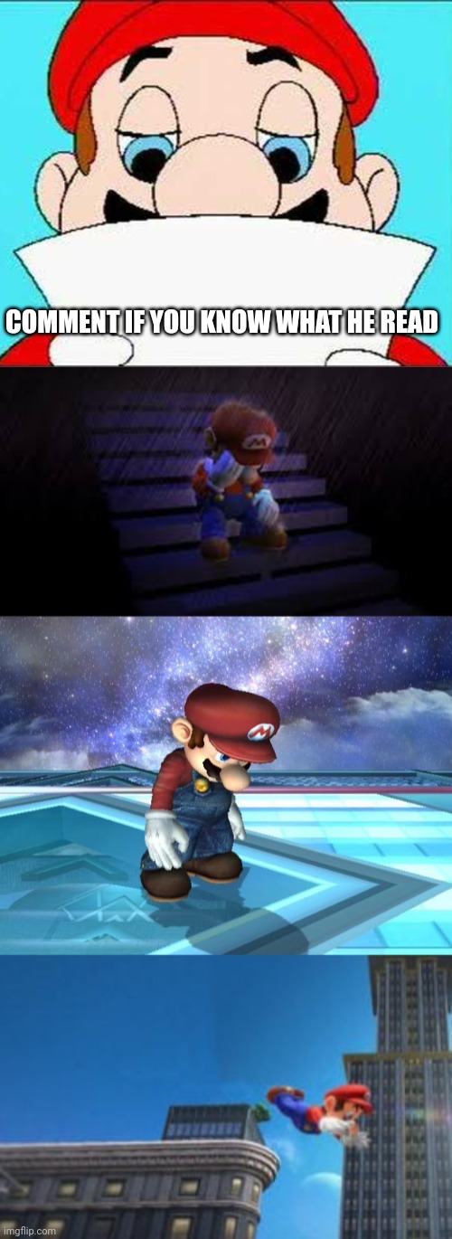 COMMENT IF YOU KNOW WHAT HE READ | image tagged in dear pesky plumbers,sad mario,depressed mario,mario jumps off of a building | made w/ Imgflip meme maker