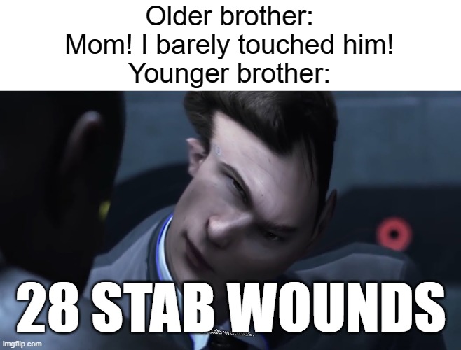 28 Stab Wounds | Older brother:
Mom! I barely touched him!
Younger brother:; 28 STAB WOUNDS | image tagged in 28 stab wounds,mom who is your favorite,fun,true | made w/ Imgflip meme maker