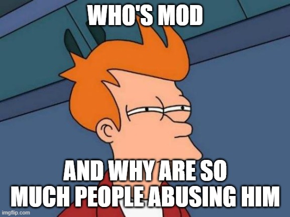 Futurama Fry | WHO'S MOD; AND WHY ARE SO MUCH PEOPLE ABUSING HIM | image tagged in memes,futurama fry | made w/ Imgflip meme maker