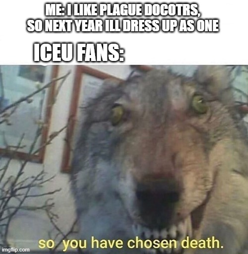 LIKE DUDE I HAD NO IDEA WHAT HAPPENED LAST YEAR IM SORRY | ME: I LIKE PLAGUE DOCOTRS, SO NEXT YEAR ILL DRESS UP AS ONE; ICEU FANS: | image tagged in so you have chosen death | made w/ Imgflip meme maker