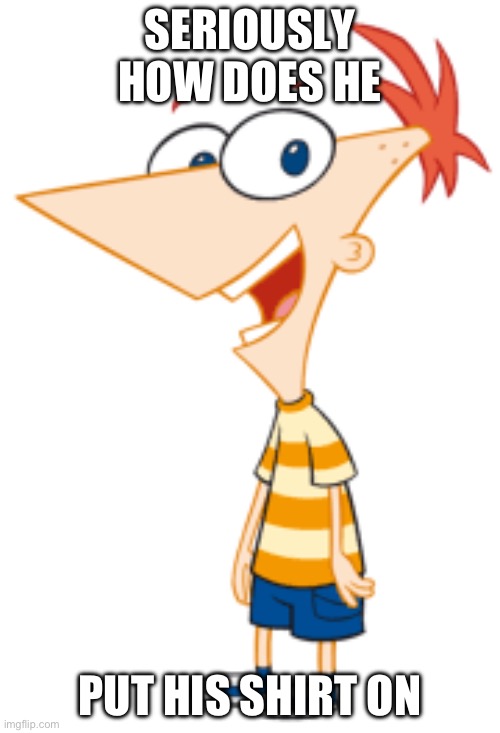 how | SERIOUSLY HOW DOES HE; PUT HIS SHIRT ON | image tagged in how,memes,funny,phineas and ferb | made w/ Imgflip meme maker