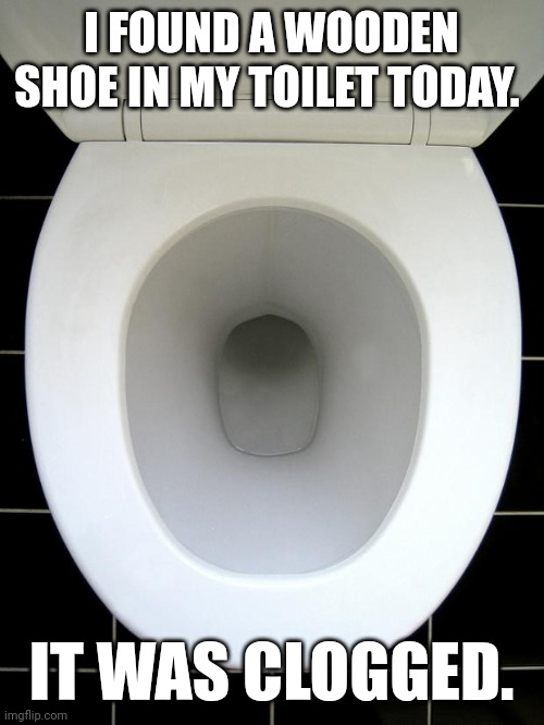 Clogged Toilet | I FOUND A WOODEN SHOE IN MY TOILET TODAY. IT WAS CLOGGED. | image tagged in toilet,dad joke,funny,humor | made w/ Imgflip meme maker