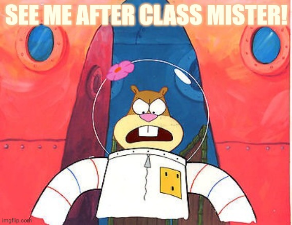 Sandy Cheeks | SEE ME AFTER CLASS MISTER! | image tagged in sandy cheeks | made w/ Imgflip meme maker