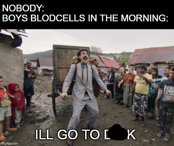 just why | NOBODY:
BOYS BLODCELLS IN THE MORNING:; ILL GO TO DICK | image tagged in borat i go to america | made w/ Imgflip meme maker
