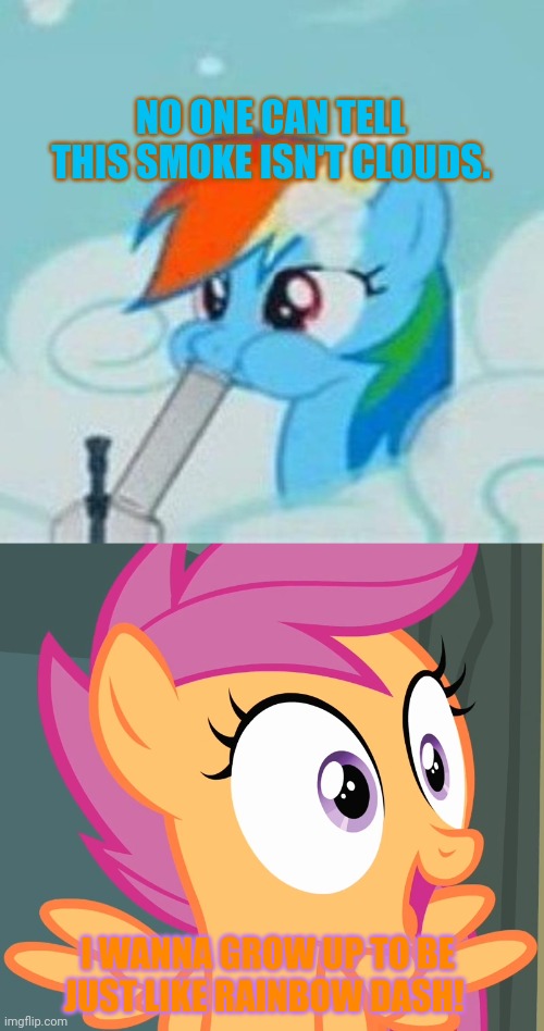No smoking! | NO ONE CAN TELL THIS SMOKE ISN'T CLOUDS. I WANNA GROW UP TO BE JUST LIKE RAINBOW DASH! | image tagged in scootaloo's happy face,rainbow dash,smoke weed everyday | made w/ Imgflip meme maker