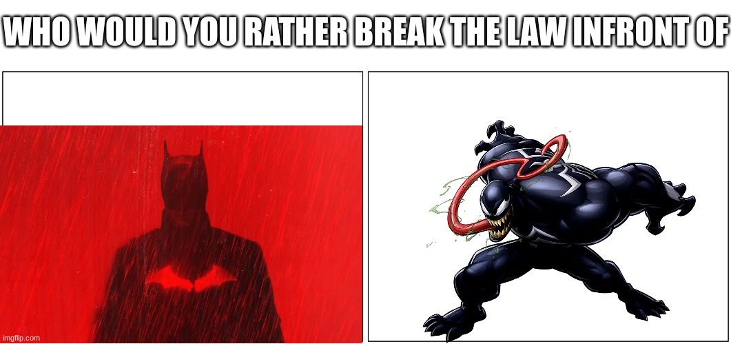 Blank Comic Panel 2x1 | WHO WOULD YOU RATHER BREAK THE LAW INFRONT OF | image tagged in memes,blank comic panel 2x1 | made w/ Imgflip meme maker