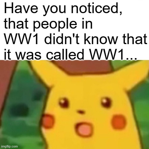 Surprised Pikachu | Have you noticed, that people in WW1 didn't know that it was called WW1... | image tagged in memes,surprised pikachu | made w/ Imgflip meme maker