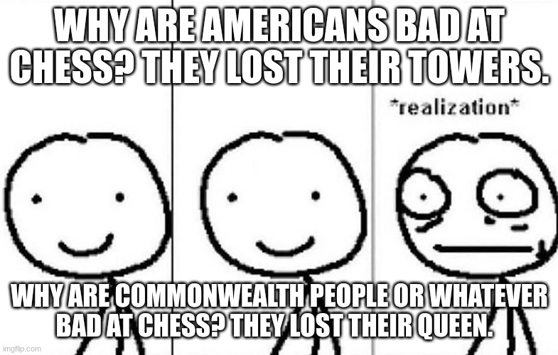 i didn't know what template to use | WHY ARE AMERICANS BAD AT CHESS? THEY LOST THEIR TOWERS. WHY ARE COMMONWEALTH PEOPLE OR WHATEVER BAD AT CHESS? THEY LOST THEIR QUEEN. | image tagged in realization | made w/ Imgflip meme maker