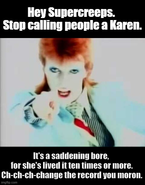 Bowie loves Karen | Hey Supercreeps. 
Stop calling people a Karen. It's a saddening bore, 
for she's lived it ten times or more. Ch-ch-ch-change the record you moron. | image tagged in david bowie pointing,cool,fuck you | made w/ Imgflip meme maker
