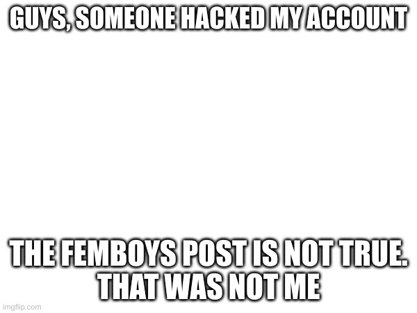 Cmon guys, we should be better than this | GUYS, SOMEONE HACKED MY ACCOUNT; THE FEMBOYS POST IS NOT TRUE.
THAT WAS NOT ME | image tagged in why | made w/ Imgflip meme maker
