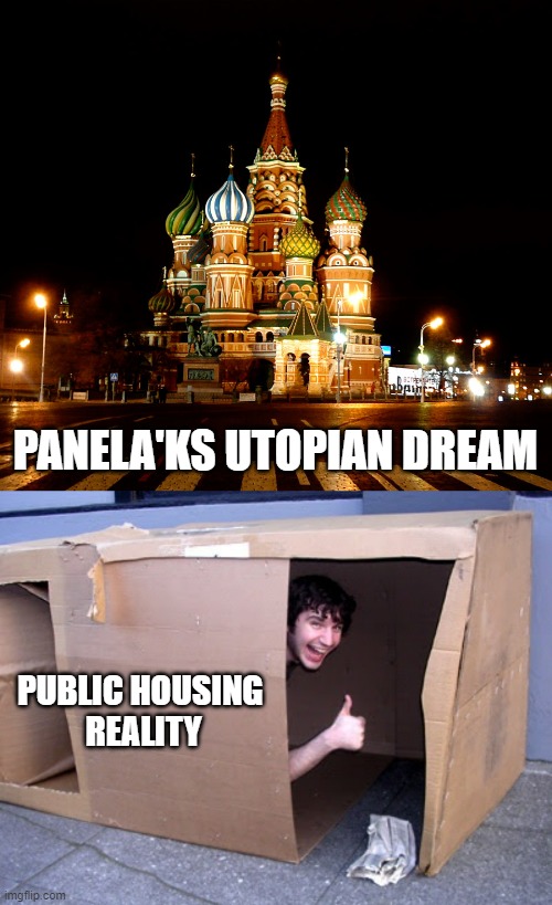 PUBLIC HOUSING 
REALITY PANELA'KS UTOPIAN DREAM | image tagged in st basil's cathedral red square moscow russia,cardboard box house | made w/ Imgflip meme maker