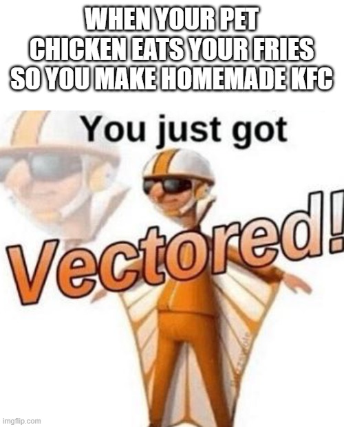 i've neve had kfc lmao | WHEN YOUR PET CHICKEN EATS YOUR FRIES SO YOU MAKE HOMEMADE KFC | image tagged in you just got vectored | made w/ Imgflip meme maker