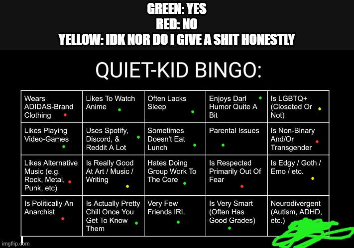 E | GREEN: YES
RED: NO
YELLOW: IDK NOR DO I GIVE A SHIT HONESTLY | image tagged in quiet kid bingo | made w/ Imgflip meme maker