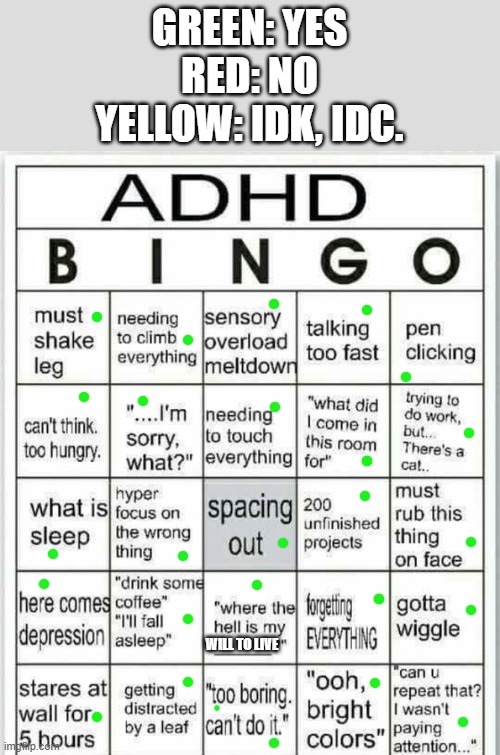 no comment | GREEN: YES
RED: NO
YELLOW: IDK, IDC. WILL TO LIVE | image tagged in adhd bingo | made w/ Imgflip meme maker