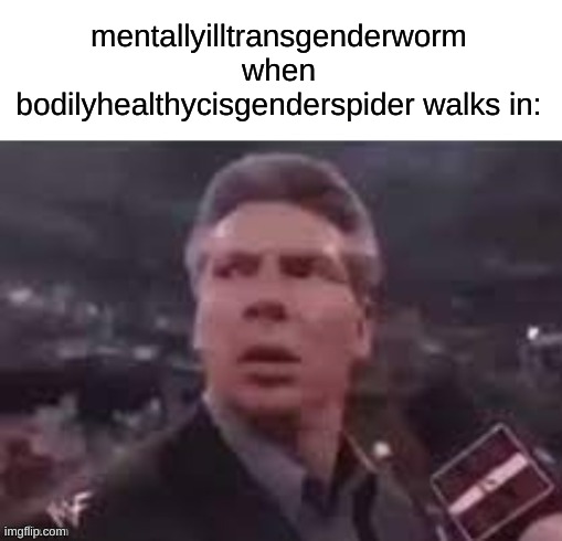 x when x walks in | mentallyilltransgenderworm when bodilyhealthycisgenderspider walks in: | image tagged in x when x walks in | made w/ Imgflip meme maker